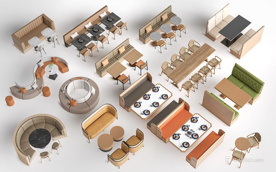 Modern Dining Table Combination With Wooden Tables Chairs And Booth Seating Designs 3d model