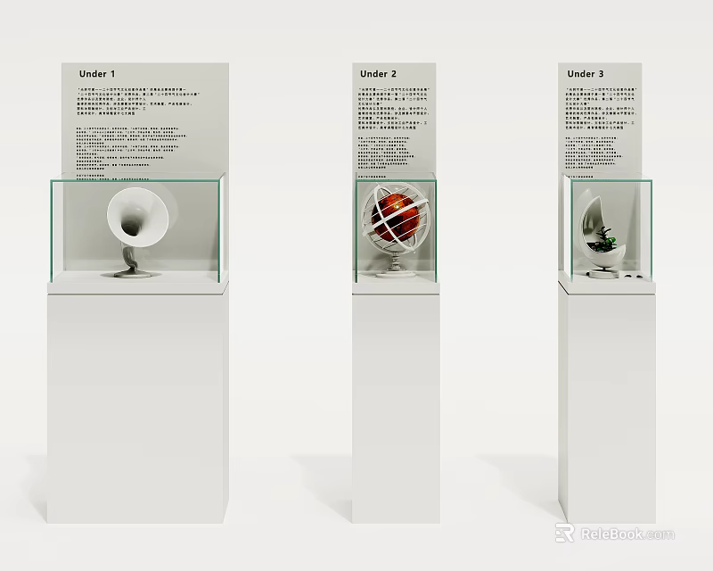 White Display Cases With Clear Glass Covers Three Variants Displaying Different Items 3d model 