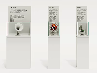 White Display Cases With Clear Glass Covers Three Variants Displaying Different Items 3d model