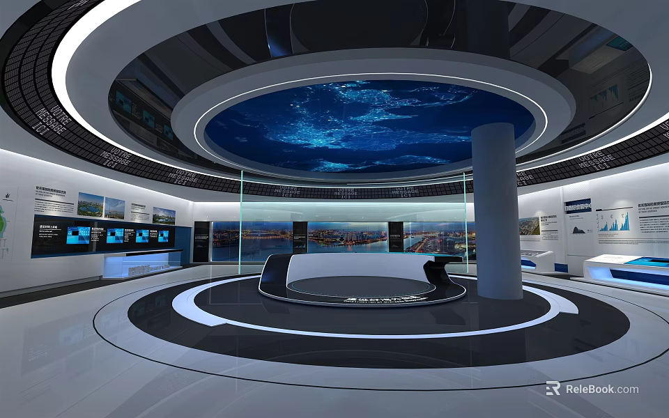 Modern Circular Exhibition Hall with Blue Ceiling Glass Walls and Display Platform 3d model 