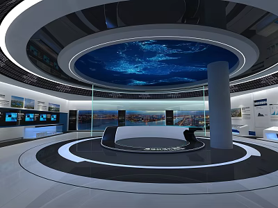 Modern Circular Exhibition Hall with Blue Ceiling Glass Walls and Display Platform 3d model