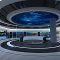 Modern Circular Exhibition Hall with Blue Ceiling Glass Walls and Display Platform