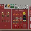 Fire Equipment Assortment in Mini Fire Station Red Cabinets with Helmets Boots Extinguishers and Hoses