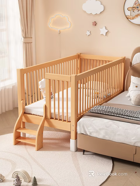 Children's Wooden Bed with Rails and Ladder in Bedroom Next to Bed with Window Curtains 3d model 