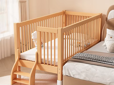 Children's Wooden Bed with Rails and Ladder in Bedroom Next to Bed with Window Curtains 3d model