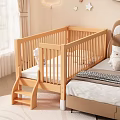 Children's Wooden Bed with Rails and Ladder in Bedroom Next to Bed with Window Curtains