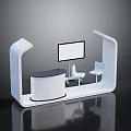 Modern Reception Furniture Setup With Curved White Frame Counter Monitor And Chairs