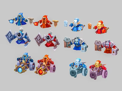Cartoon Characters In Colorful Costumes Riding Mechanical Creatures And Holding Weapons 3d model