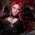 Fantasy Red Haired Female Warrior Characters In Black Armor With Throne And Red Cape