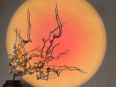 Downlight Spotlight with Orange Red Light Creates Warm Soft Atmosphere with Vase Branches Flowers 3d model