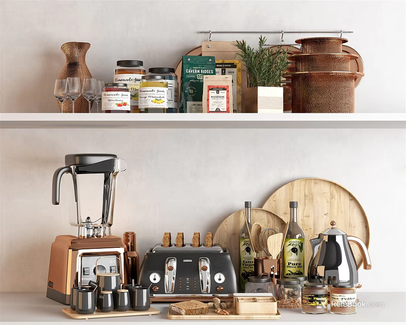 Elegant Kitchenware Collection With Blender Toaster Wooden Cutting Board Olive Oil Bottles And Spice Jars 3d model 