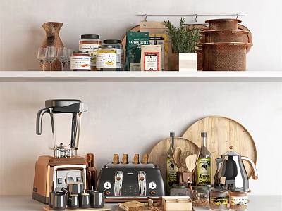 Elegant Kitchenware Collection With Blender Toaster Wooden Cutting Board Olive Oil Bottles And Spice Jars 3d model