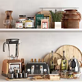 Elegant Kitchenware Collection With Blender Toaster Wooden Cutting Board Olive Oil Bottles And Spice Jars
