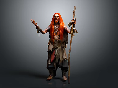 Man with red hair and long beard in tattered clothes holding staff on gray background 3d model