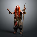 Man with red hair and long beard in tattered clothes holding staff on gray background
