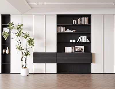 Modern Black And White Bookshelf With Books Decorations And Green Plant In Herringbone Floor Room 3d model