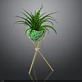 Green Plant with Long Leaves in Green Mosaic Pot on Wooden Tripod Stand