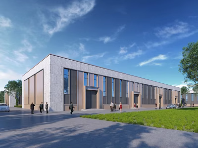 Modern Industrial Factory Building Exterior Design With Large Glass Windows Metal Panels And Lawn Area 3d model