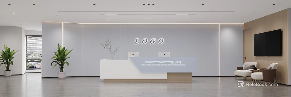 Modern Reception Desk With White Background Wall Logo Sign Countertop Two Computers And Green Plant 3d model 
