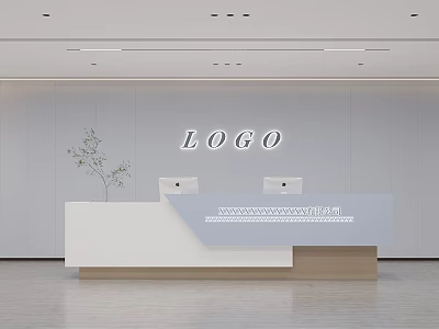 Modern Reception Desk With White Background Wall Logo Sign Countertop Two Computers And Green Plant 3d model