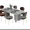 Modern Dining Table Set With White Marble Top And Brown Grey Chairs Plants Tableware 3d model