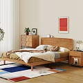 Wooden Double Bed with Platform Headboard Nightstand Dresser and Colorful Rug in Bedroom