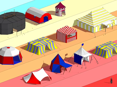 Colorful Different Style Tents in Outdoor Camping Site with Striped and Dome Shapes 3d model