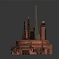 Cartoon Building Complex Scene With Round Base Tall Towers Red Tones And Checkerboard