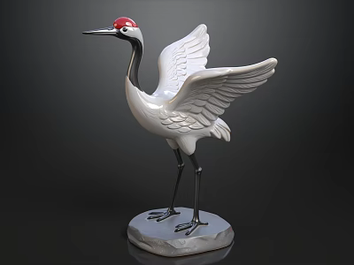 Red Crowned Crane Statue White Body Black Legs Neck Spread Wings On Gray Base 3d model