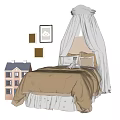 Children's Bed with White Canopy Brown Bedding and Small House Toy in Kids Room