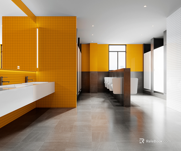 Public Restroom Interior With Yellow Tiled Walls White Sinks Gray Floor And Window 3d model 