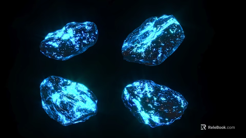 Four Raw Wood Stone Pieces With Blue Glowing Effect On Black Background 3d model 