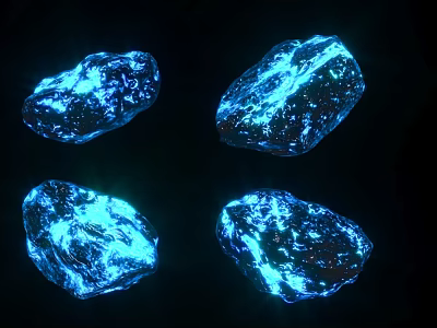 Four Raw Wood Stone Pieces With Blue Glowing Effect On Black Background 3d model