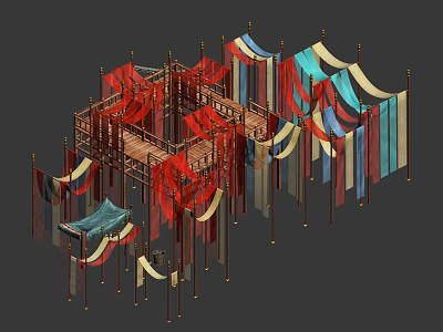 Multi Layer Decorative Hanger Structure With Red Blue Beige Fabrics And Metal Frames 3d model