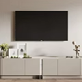 Modern White TV Stand With Flat Screen TV Decorative Plants Photo Frames And Light Wall