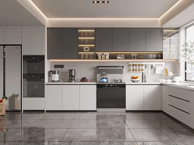Modern Kitchen Interior Design With Island Counter Gray White Cabinets And Integrated Appliances 3d model