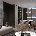 Modern Living and Dining Area Interior With Sofa Coffee Table Marble Wall And Circular Decor