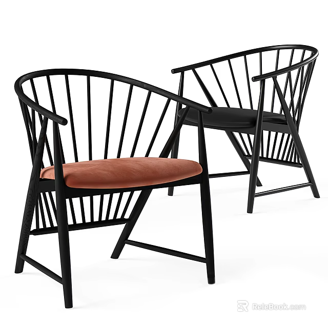 Modern Black Metal Leisure Chair with Curved Slatted Backrest and Brown Black Padded Seat Cushions 3d model 