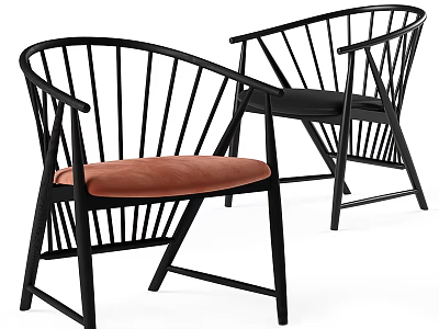 Modern Black Metal Leisure Chair with Curved Slatted Backrest and Brown Black Padded Seat Cushions 3d model