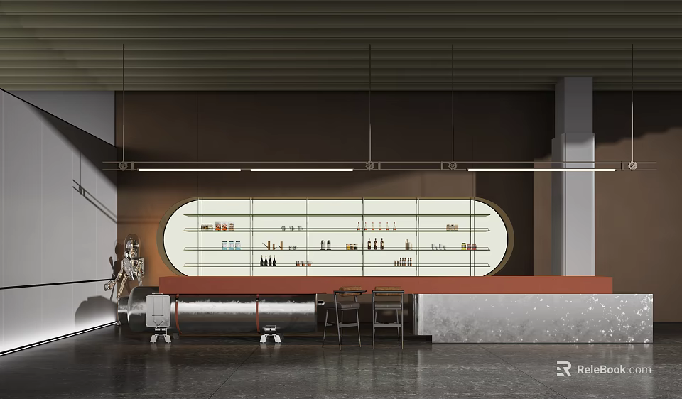Modern Reception Desk Interior Design With Elegant Lighting And Display Shelves 3d model 
