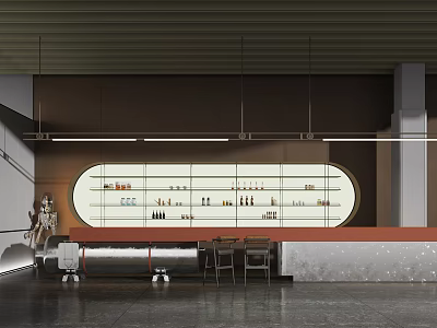 Modern Reception Desk Interior Design With Elegant Lighting And Display Shelves 3d model