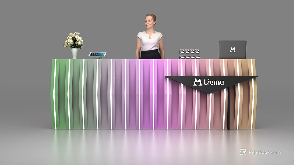Colorful Striped Reception Desk With Flower Vase Laptop And Liemu Brand Sign 3d model 