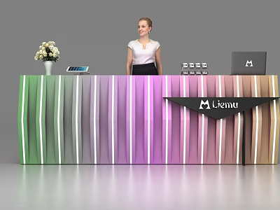 Colorful Striped Reception Desk With Flower Vase Laptop And Liemu Brand Sign 3d model