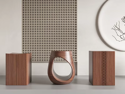 Modern Wooden Stools With Circular Design And Square Carved Texture For Home Interior Decor 3d model