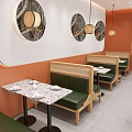 Bright Modern Japanese Restaurant Interior With Terrazzo Tables Rattan Chairs And Comfortable Green Booths