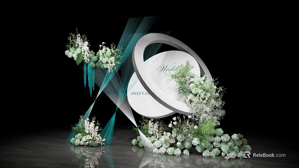 Wedding Decor Setup With White Circular Arch Green White Flowers And Blue Ribbons 3d model 