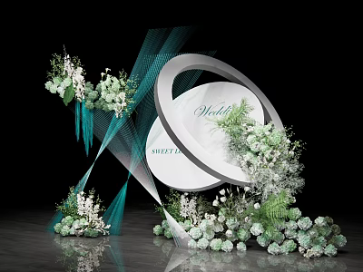 Wedding Decor Setup With White Circular Arch Green White Flowers And Blue Ribbons 3d model