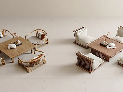 Simple Wooden Tea Table And Chairs With Soft Cushions And Decorative Tea Sets 3d model