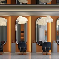 Modern Beauty Salon Interior With Cloud Shaped Ceiling Lights Blue Chairs Mirrors And Marble Counter