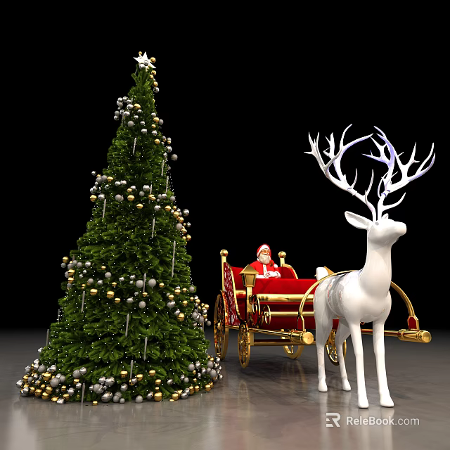 Decorated Christmas Tree With Santa Claus In Red Sleigh And White Reindeer 3d model 